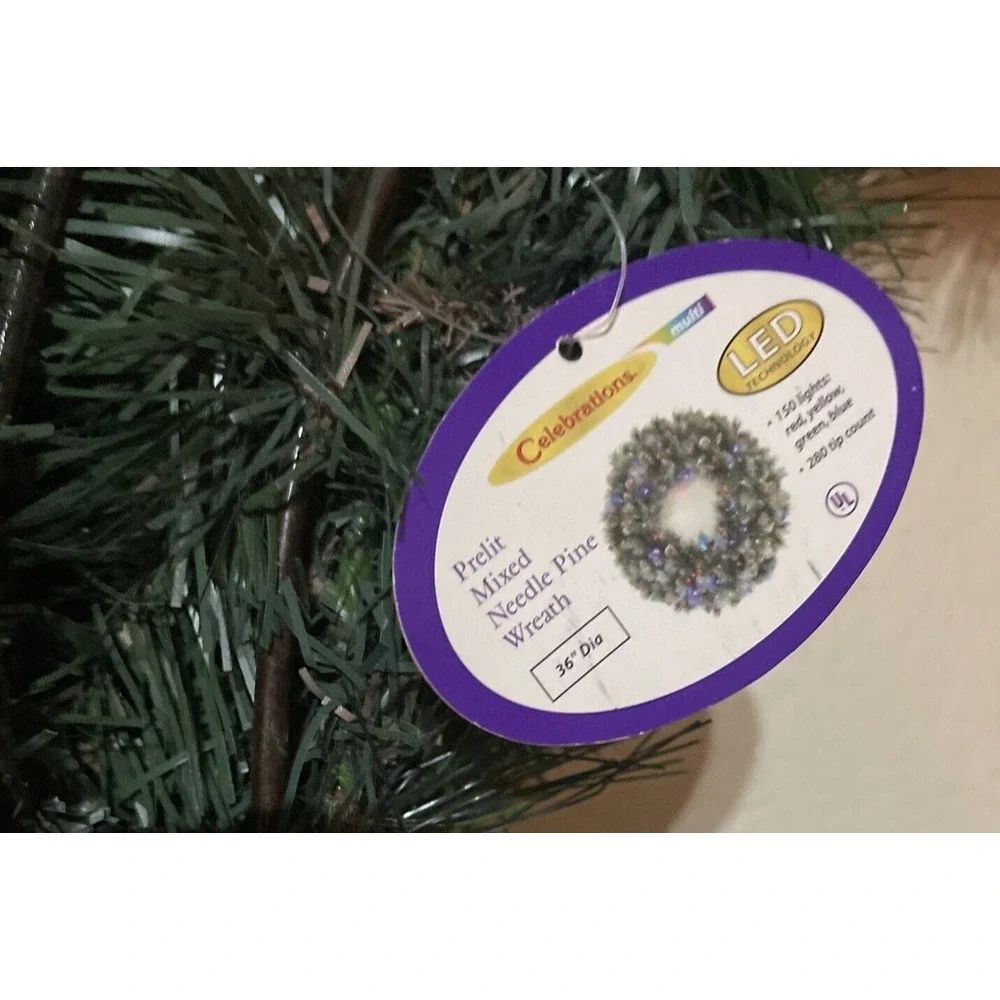 Celebrations 36in Prelit Mixed Needle Pine Wreath 150 Multi LED Lights Pinecones